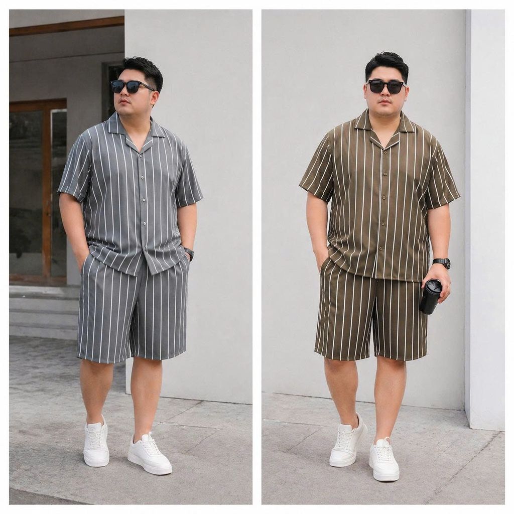 BIG MEN- Set bộ quần áo thời trang vải QC cổ đan tông phối sọc thời thượng BIGSIZE nam 85- 135 kg