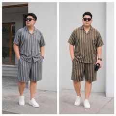 BIG MEN- Set bộ quần áo thời trang vải QC cổ đan tông phối sọc thời thượng BIGSIZE nam 85- 135 kg