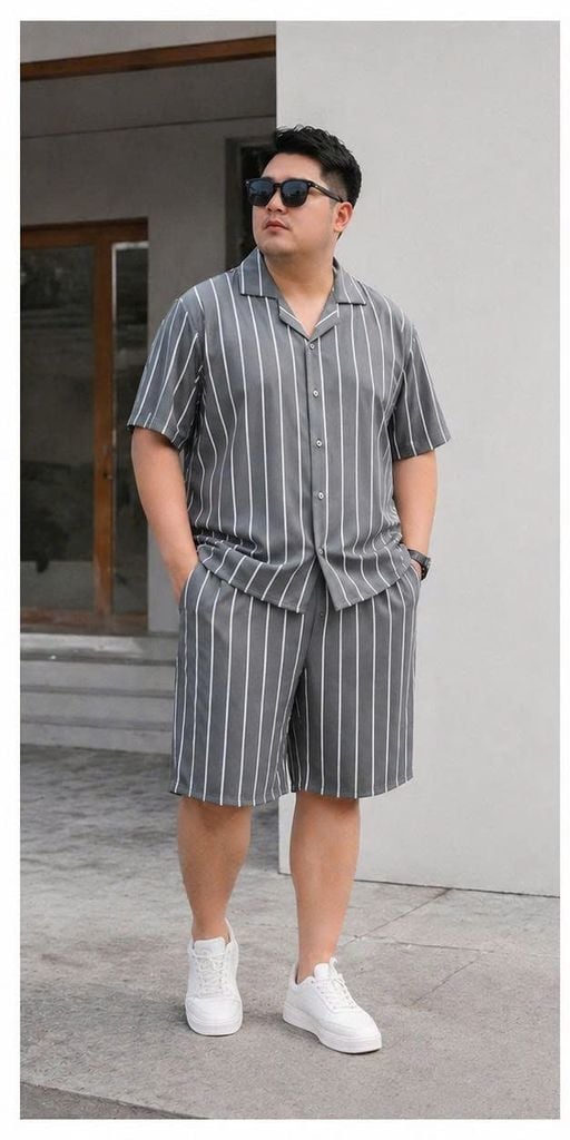 BIG MEN- Set bộ quần áo thời trang vải QC cổ đan tông phối sọc thời thượng BIGSIZE nam 85- 135 kg