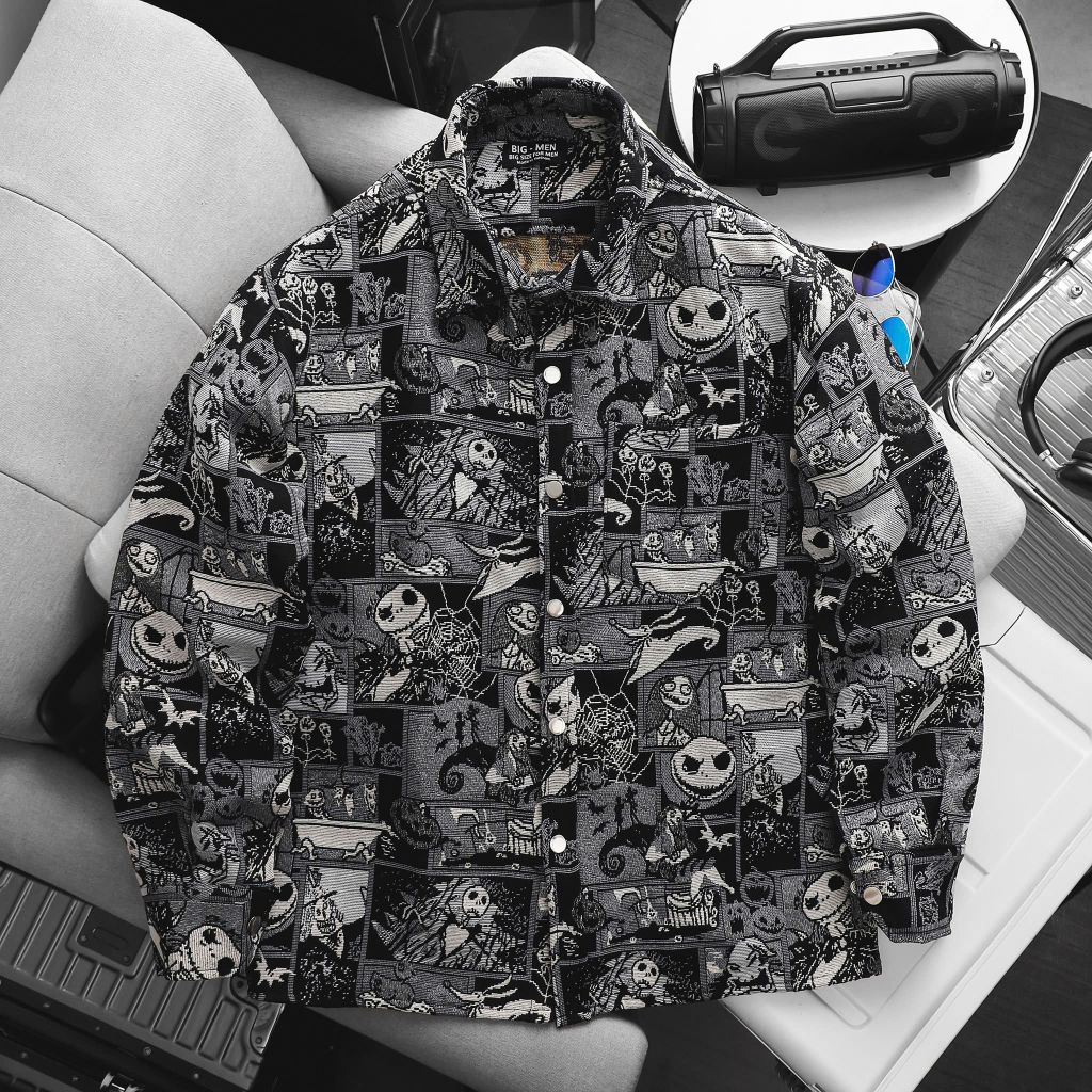 BIG MEN- Áo khoác sơ mi vải jean gấm họa tiết pop art + ký họa thời trang bigsize nam 95- 135kg