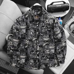 BIG MEN- Áo khoác sơ mi vải jean gấm họa tiết pop art + ký họa thời trang bigsize nam 95- 135kg