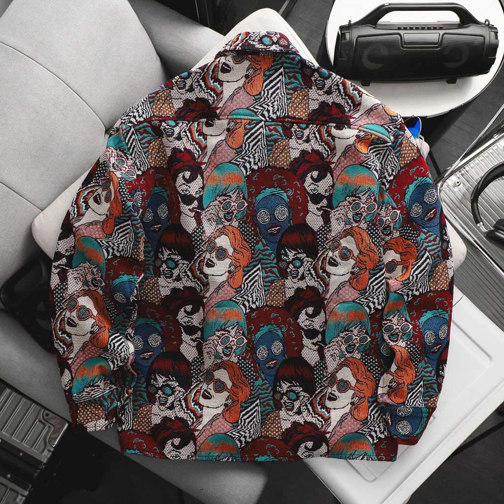 BIG MEN- Áo khoác sơ mi vải jean gấm họa tiết pop art + ký họa thời trang bigsize nam 95- 135kg