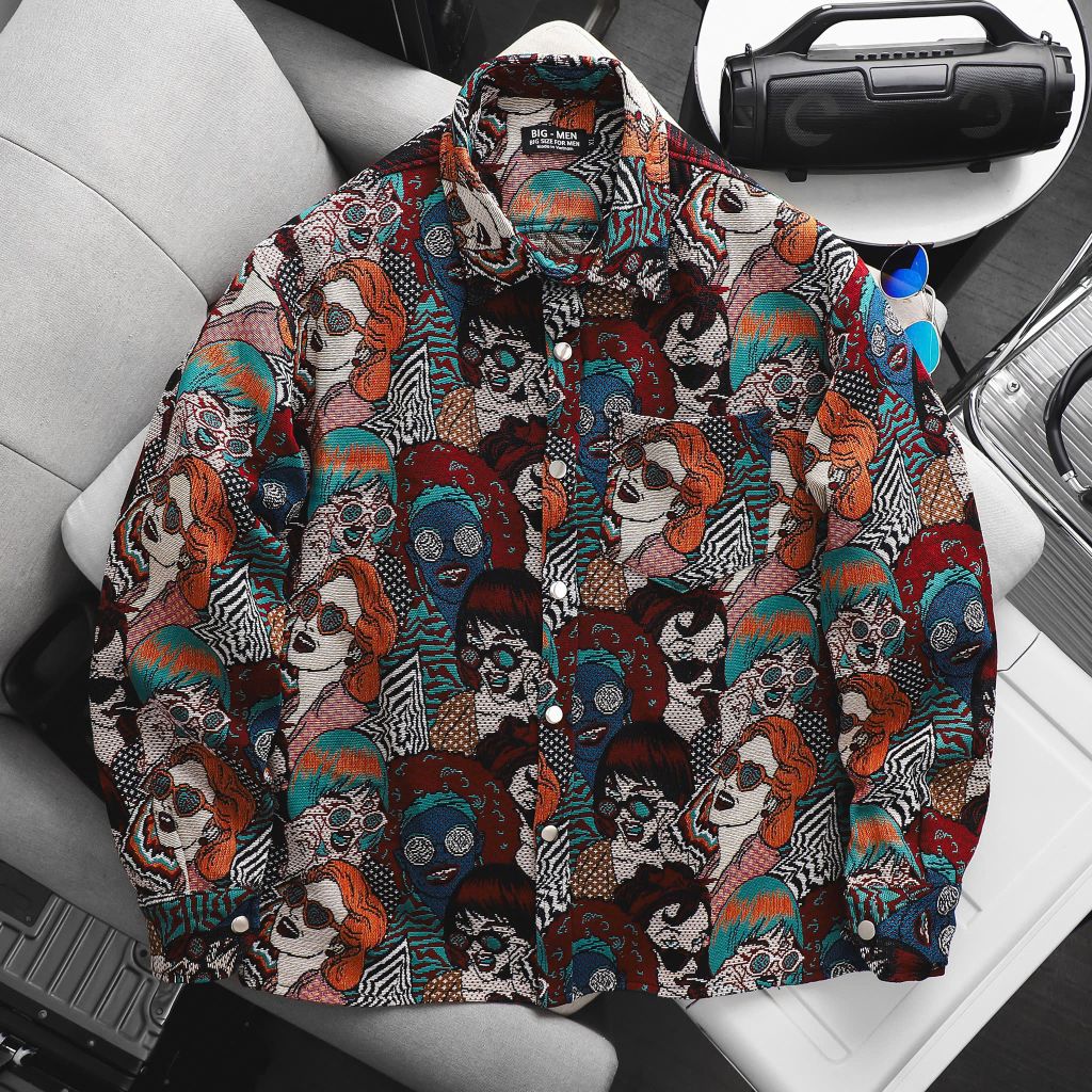 BIG MEN- Áo khoác sơ mi vải jean gấm họa tiết pop art + ký họa thời trang bigsize nam 95- 135kg