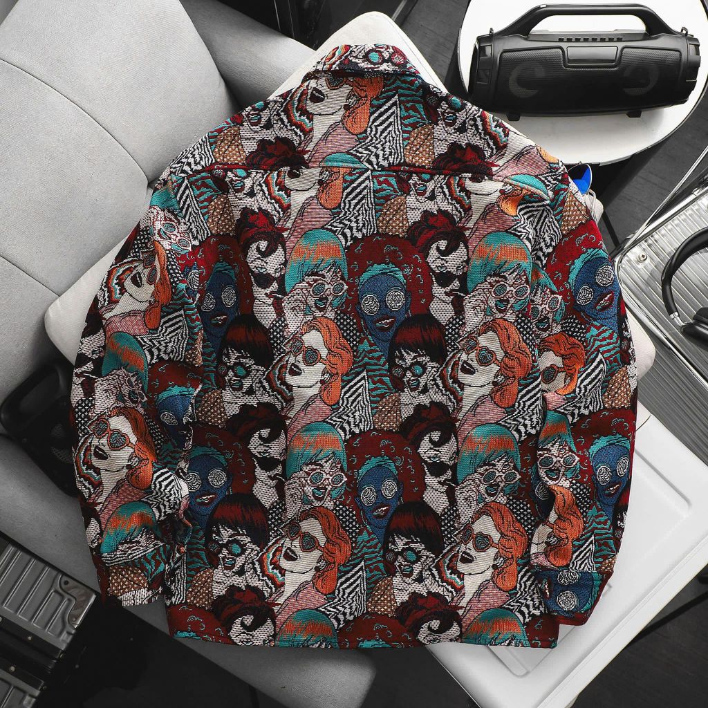 BIG MEN- Áo khoác sơ mi vải jean gấm họa tiết pop art + ký họa thời trang bigsize nam 95- 135kg