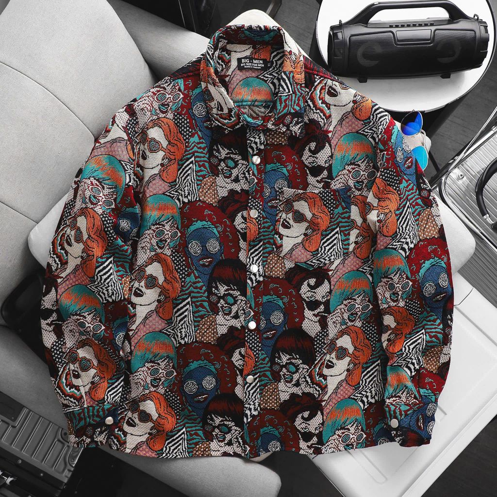 BIG MEN- Áo khoác sơ mi vải jean gấm họa tiết pop art + ký họa thời trang bigsize nam 95- 135kg