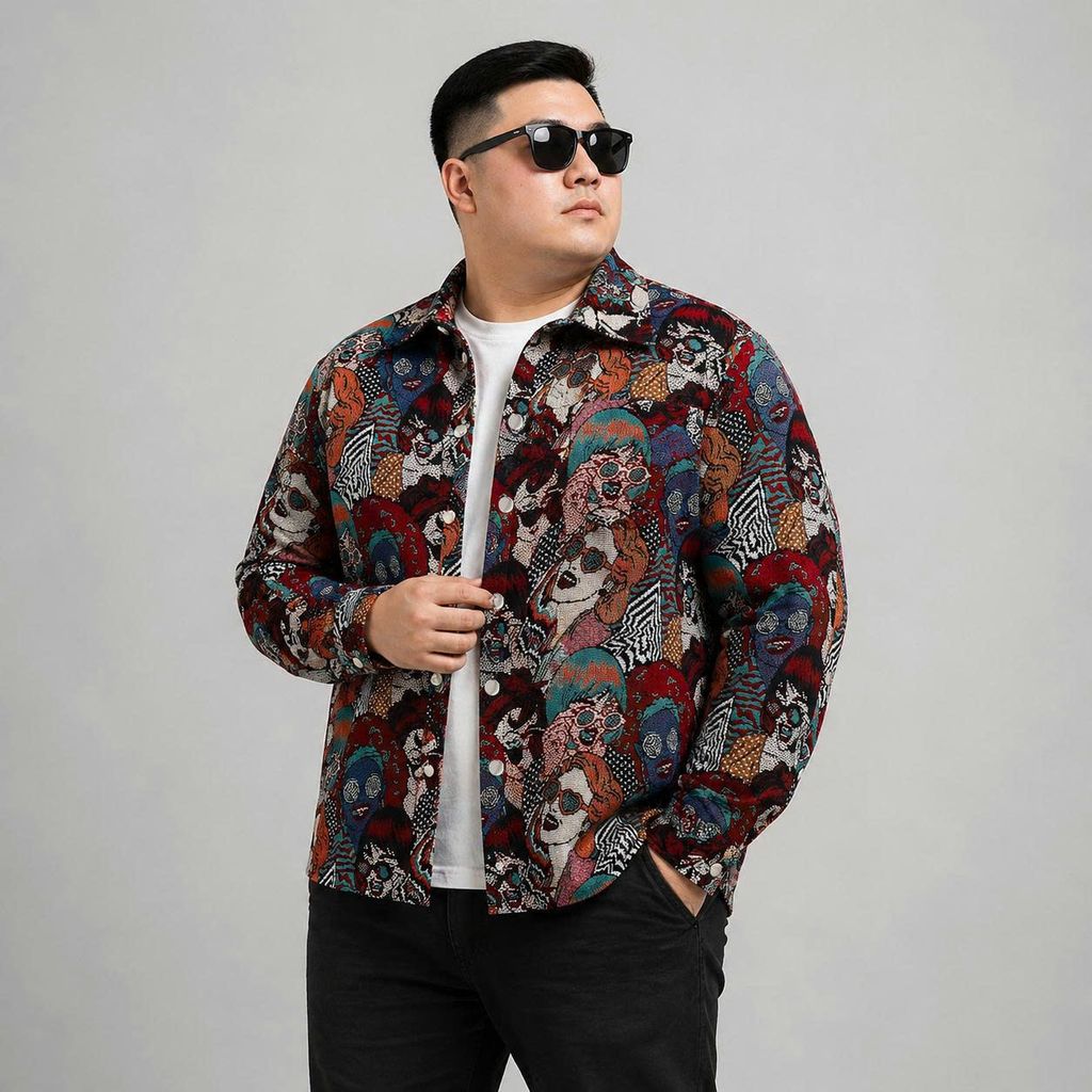 BIG MEN- Áo khoác sơ mi vải jean gấm họa tiết pop art + ký họa thời trang bigsize nam 95- 135kg