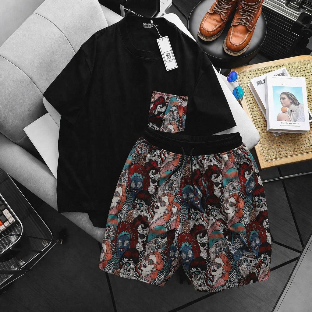 BIG MEN- Set bộ quần áo phối vải jean gấm thời trang bigsize nam 90- 135 kg_ Pop art+ Ký Họa