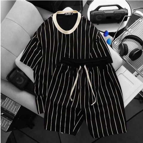 BIG MEN- Set bộ chất vải cotton cổ tròn phối sọc dọc thời trang bigsize nam 85- 135kg