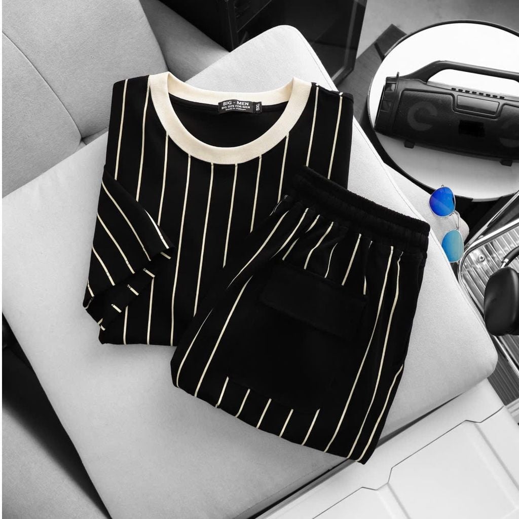 BIG MEN- Set bộ chất vải cotton cổ tròn phối sọc dọc thời trang bigsize nam 85- 135kg