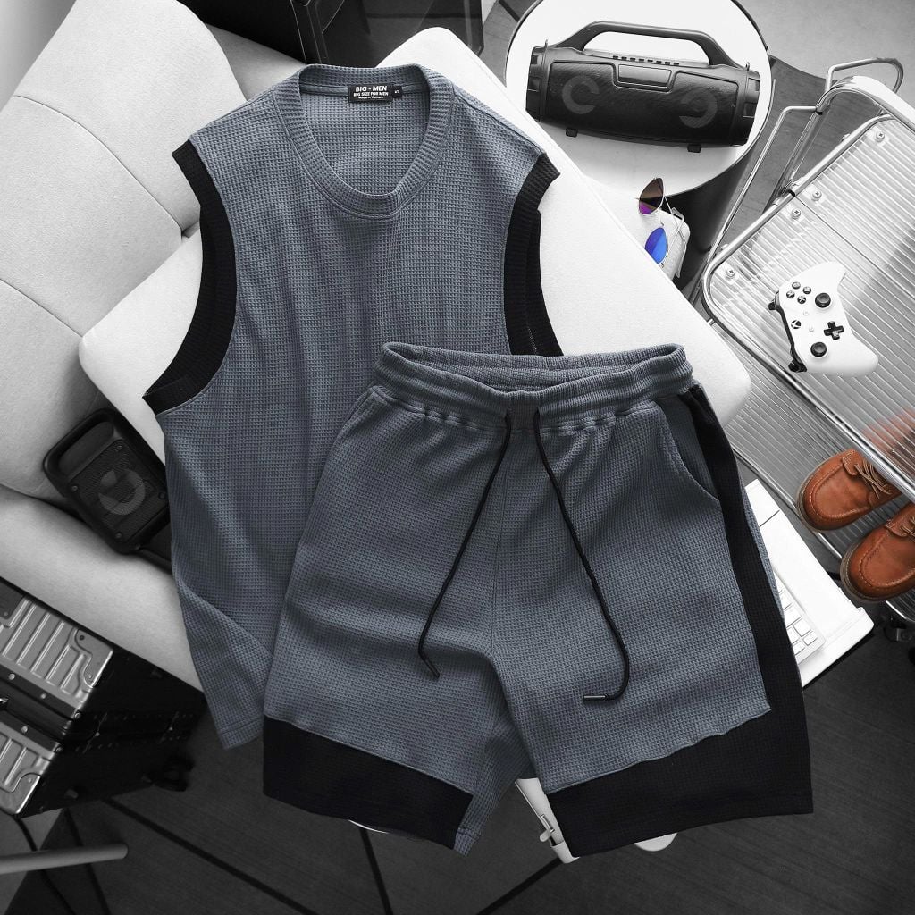 BIG MEN- Set Bộ Ba Lỗ Bigsize Nam – Vải Tổ Ong Phối Viền Thời Trang Thoáng Khí (85kg - 130kg)