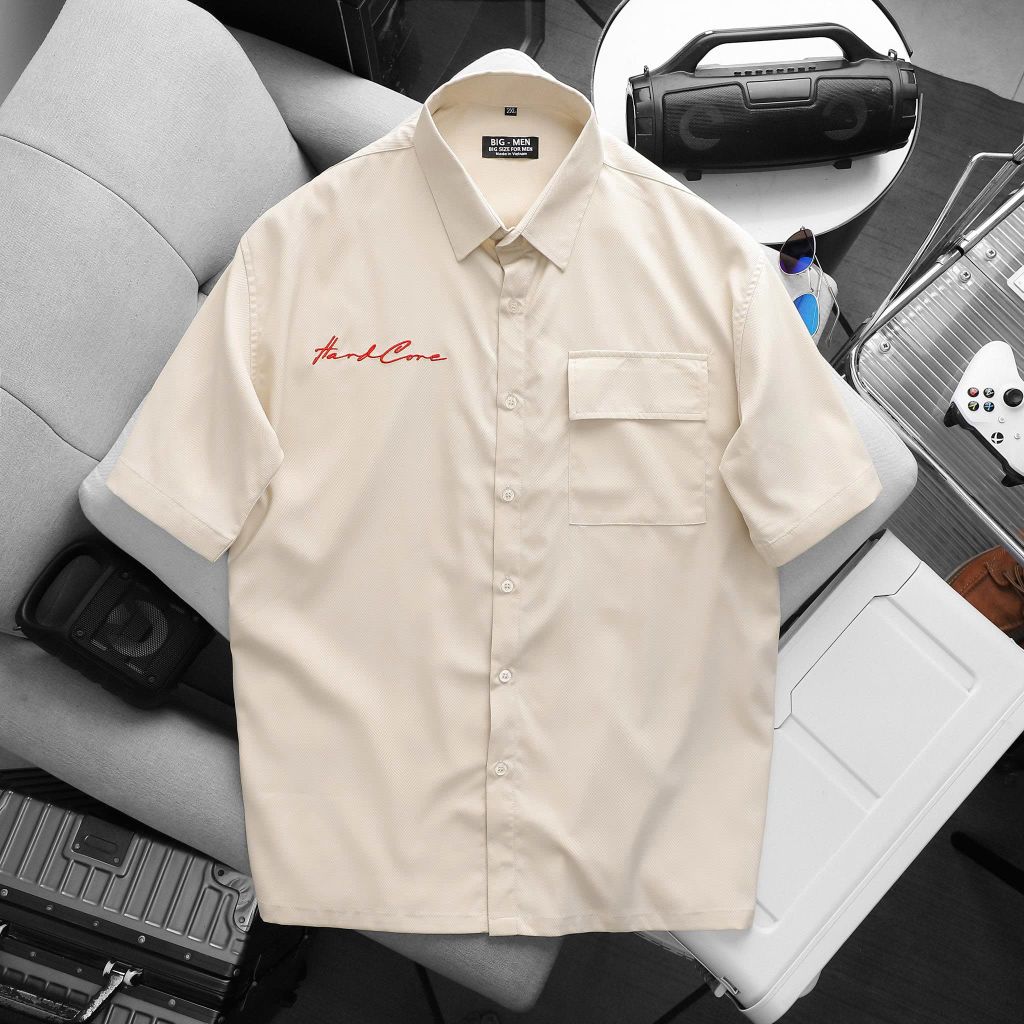 BIG MEN- Áo sơ mi tay ngắn vải polyester sọc tre thêu phối túi thời trang bigsize nam 90- 138 kg