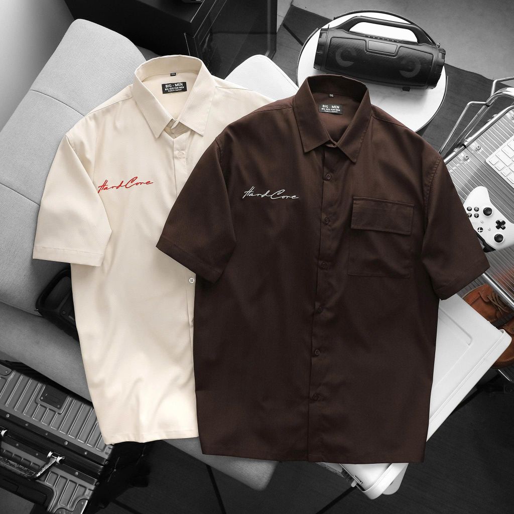 BIG MEN- Áo sơ mi tay ngắn vải polyester sọc tre thêu phối túi thời trang bigsize nam 90- 138 kg