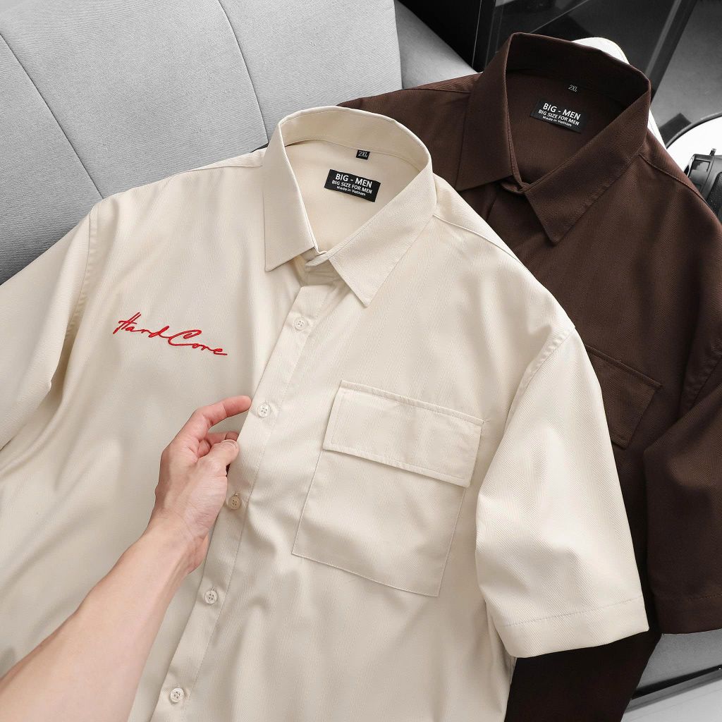BIG MEN- Áo sơ mi tay ngắn vải polyester sọc tre thêu phối túi thời trang bigsize nam 90- 138 kg