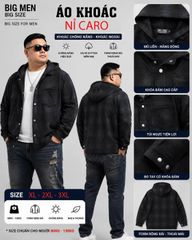 BIG MEN- Áo khoác có nón vải nỉ caro bố phối nút bấm màu xám đen thời trang bigsize nam 100- 140kg