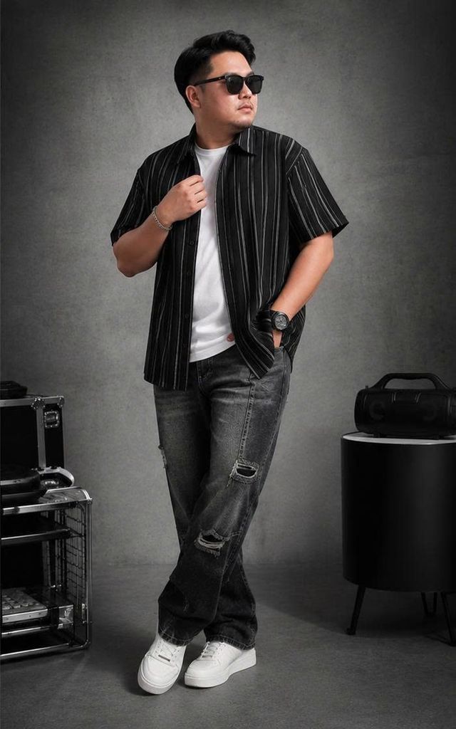 BIG MEN- Áo sơ mi tay ngắn vải polyester sọc tre phối sọc dọc thời trang bigsize nam 75-125 kg