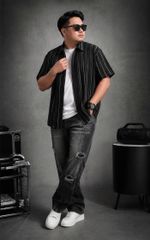 BIG MEN- Áo sơ mi tay ngắn vải polyester sọc tre phối sọc dọc thời trang bigsize nam 75-125 kg