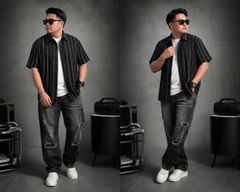 BIG MEN- Áo sơ mi tay ngắn vải polyester sọc tre phối sọc dọc thời trang bigsize nam 75-125 kg