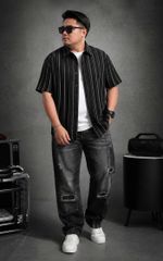 BIG MEN- Áo sơ mi tay ngắn vải polyester sọc tre phối sọc dọc thời trang bigsize nam 75-125 kg