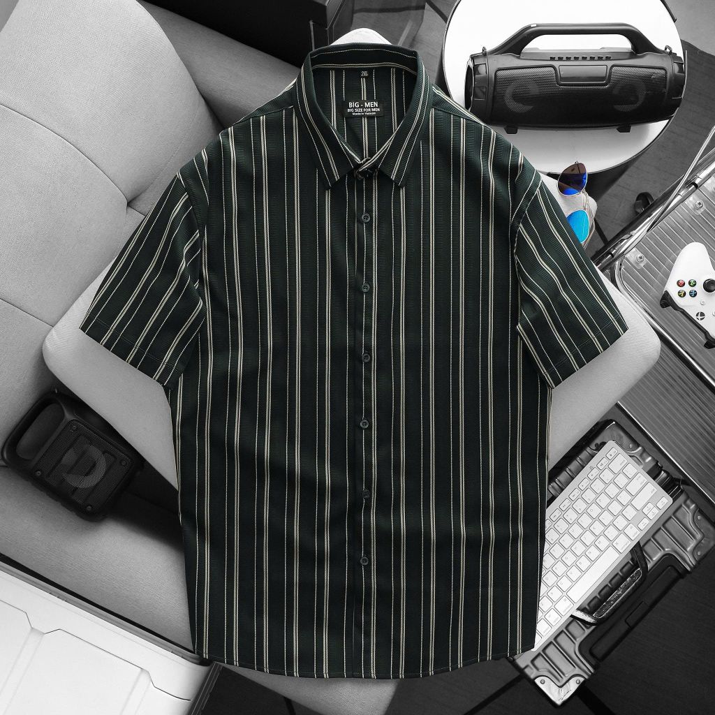 BIG MEN- Áo sơ mi tay ngắn vải polyester sọc tre phối sọc dọc thời trang bigsize nam 75-125 kg