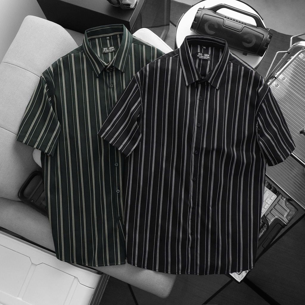 BIG MEN- Áo sơ mi tay ngắn vải polyester sọc tre phối sọc dọc thời trang bigsize nam 75-125 kg