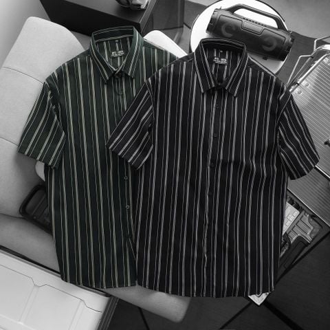 BIG MEN- Áo sơ mi tay ngắn vải polyester sọc tre phối sọc dọc thời trang bigsize nam 75-125 kg