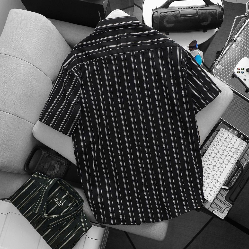 BIG MEN- Áo sơ mi tay ngắn vải polyester sọc tre phối sọc dọc thời trang bigsize nam 75-125 kg