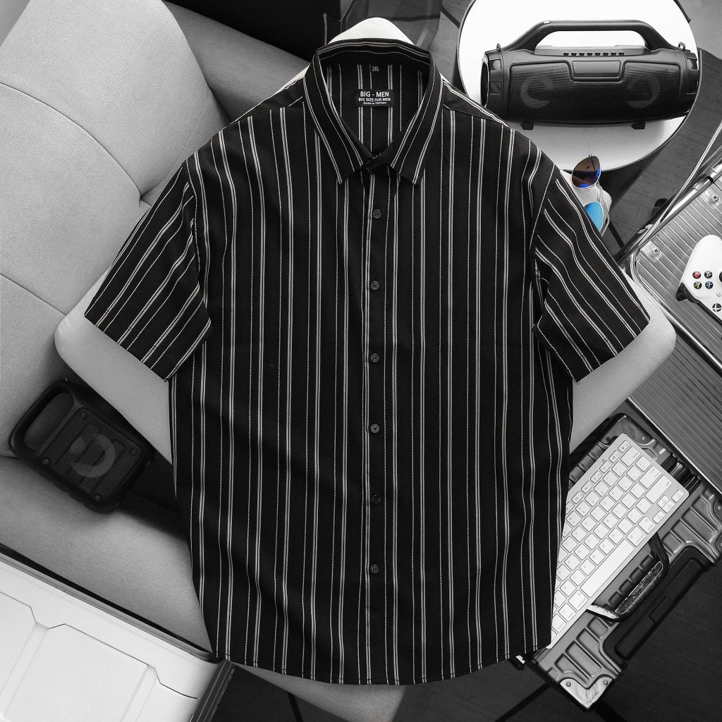BIG MEN- Áo sơ mi tay ngắn vải polyester sọc tre phối sọc dọc thời trang bigsize nam 75-125 kg