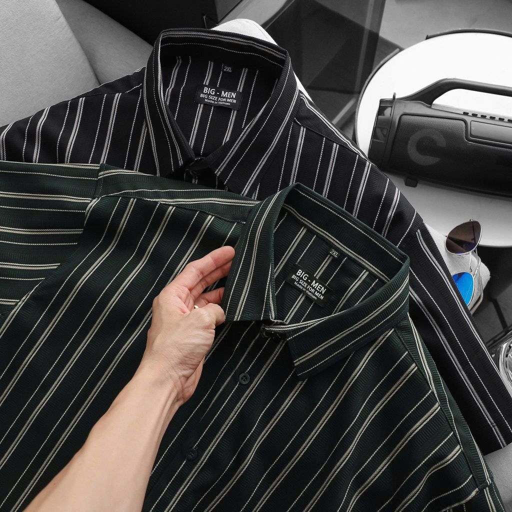 BIG MEN- Áo sơ mi tay ngắn vải polyester sọc tre phối sọc dọc thời trang bigsize nam 75-125 kg