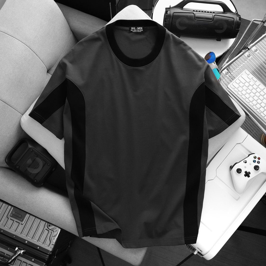 BIG MEN- Áo thun cotton phối sọc hai bên màu đen xám thời trang bigsize nam 85- 135kg