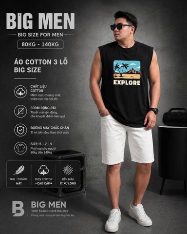 Big Men- Áo thun tanktop, ba lỗ vải cotton in hình EXPLORE thời trang mùa hè bigsize nam 85- 135 kg