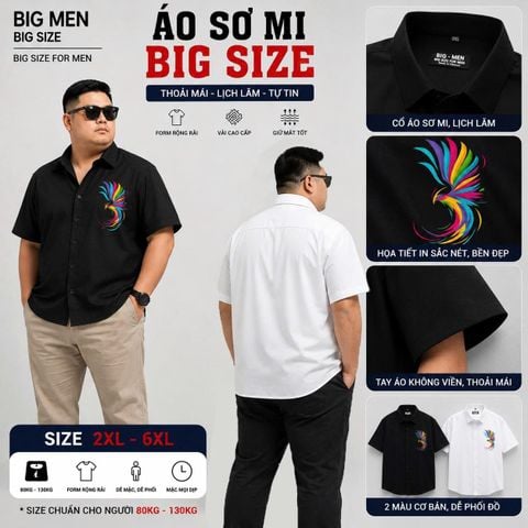 BIG MEN- Áo sơ mi tay ngắn chất kate lụa in chim ngũ sắc thời trang bigsize nam 70- 140kg