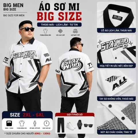 BIG MEN- Áo sơ mi tay ngắn bigsize nam phối họa tiết NGÔI SAO thời trang cá tính 90- 135kg