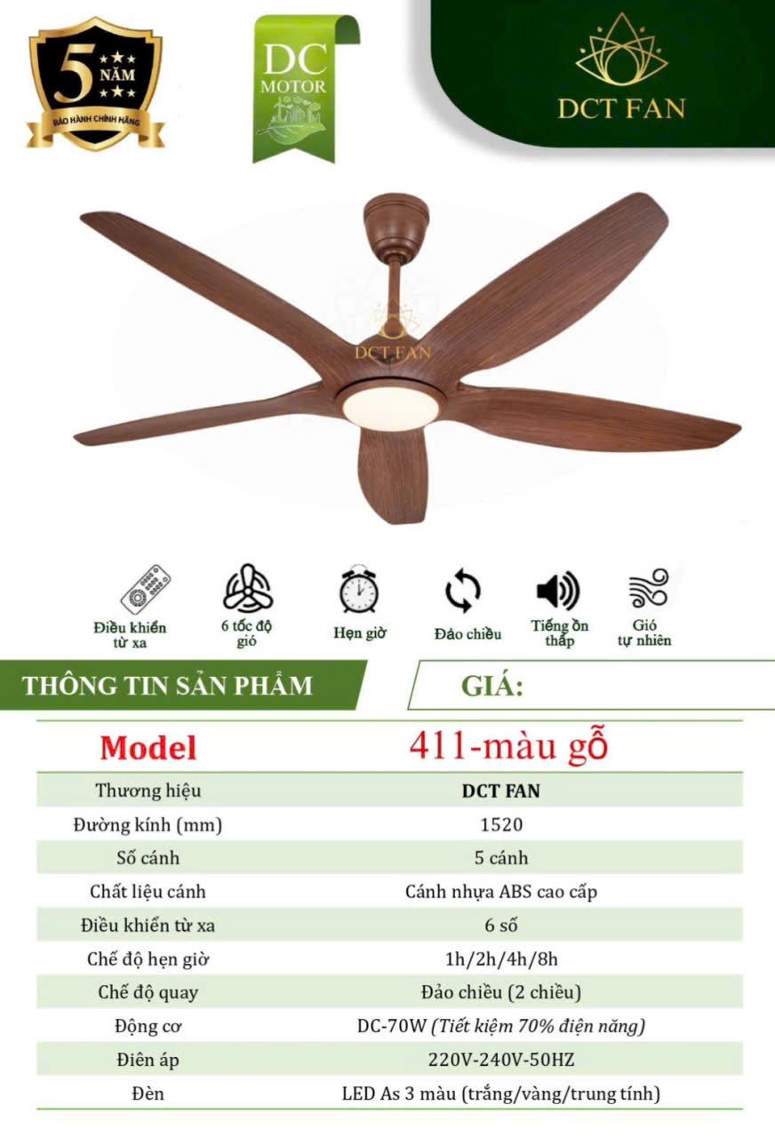  Quạt trần 5 cánh DCT Fan 411- Gỗ 