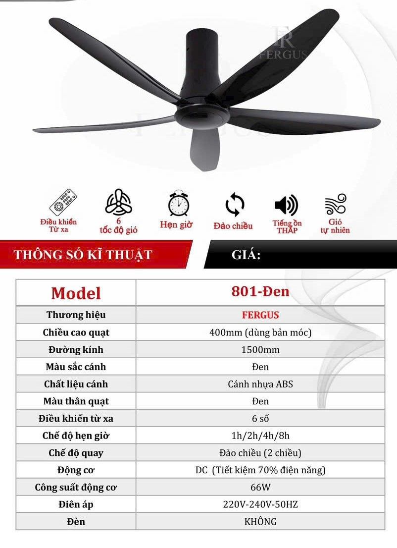  Quạt trần 5 cánh Fergus 801- Đen 