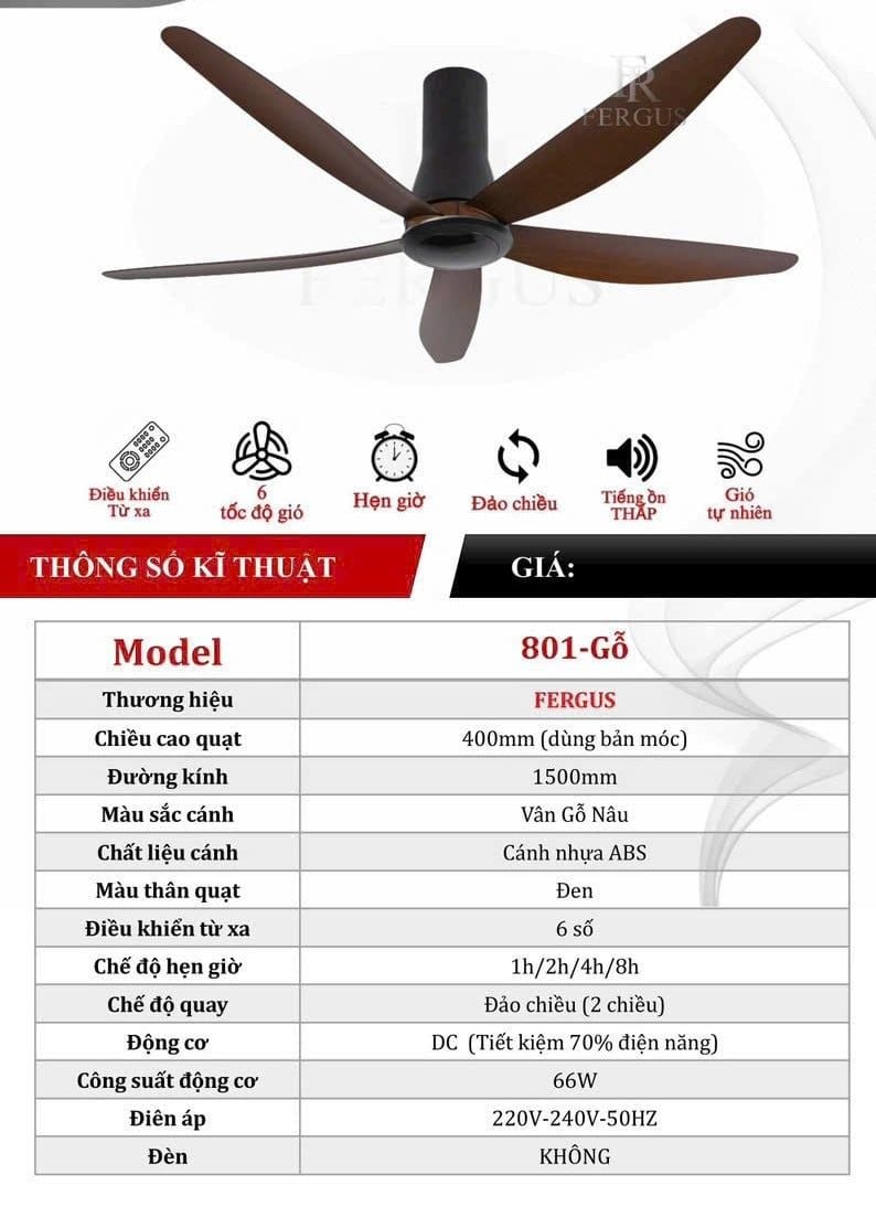  Quạt trần 5 cánh Fergus 801- Gỗ 