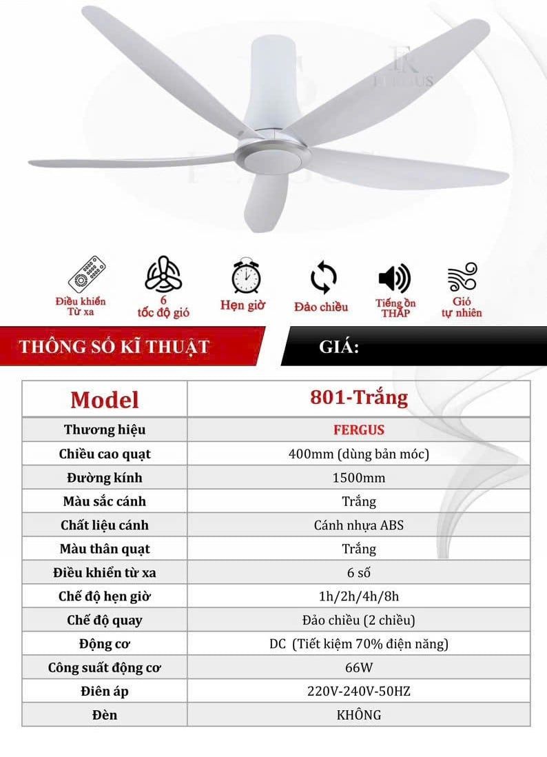  Quạt trần 5 cánh Fergus 801- Trắng 