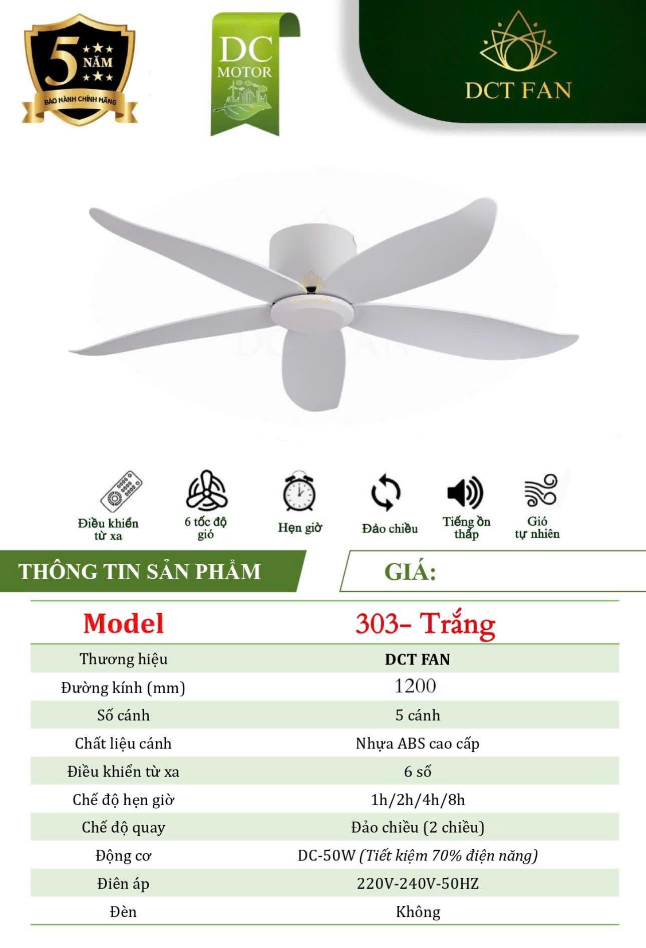  Quạt trần 5 cánh DCT Fan 330- Trắng 