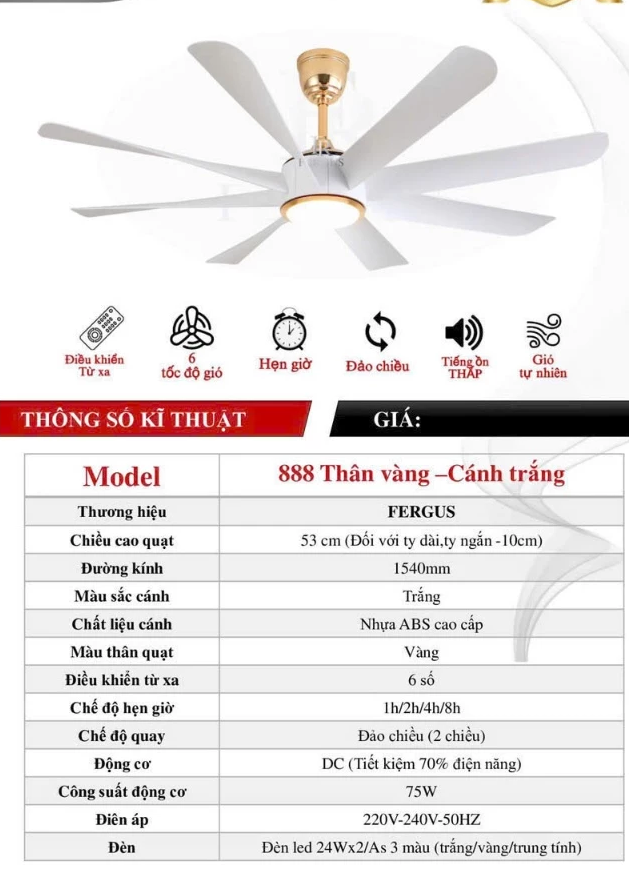 Quạt trần 5 cánh Fergus 888- Trắng 