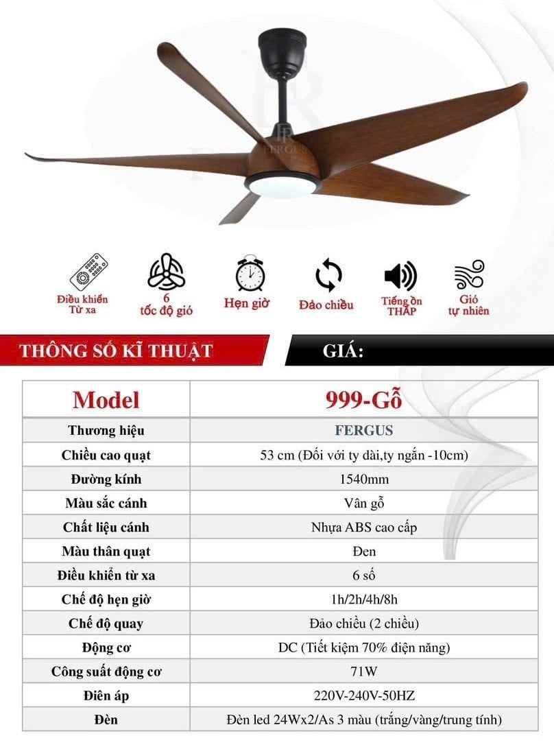  Quạt trần 5 cánh Fergus 999- Gỗ 