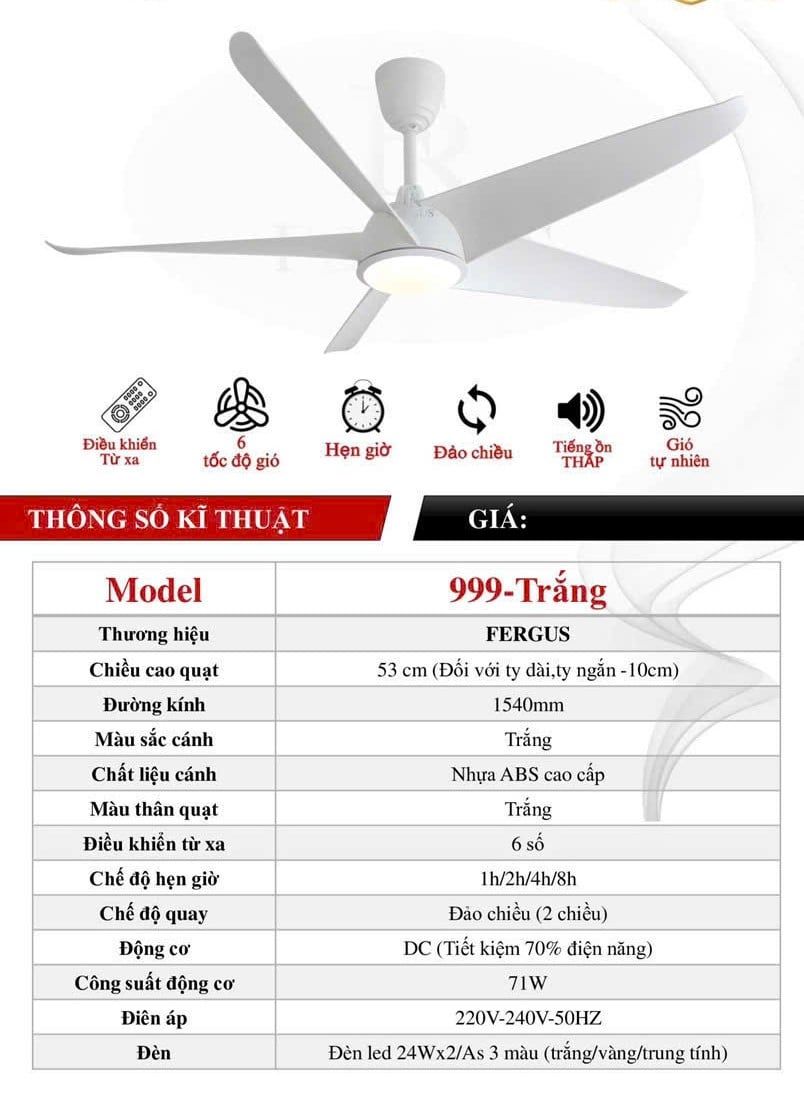  Quạt trần 5 cánh Fergus 999- Trắng 