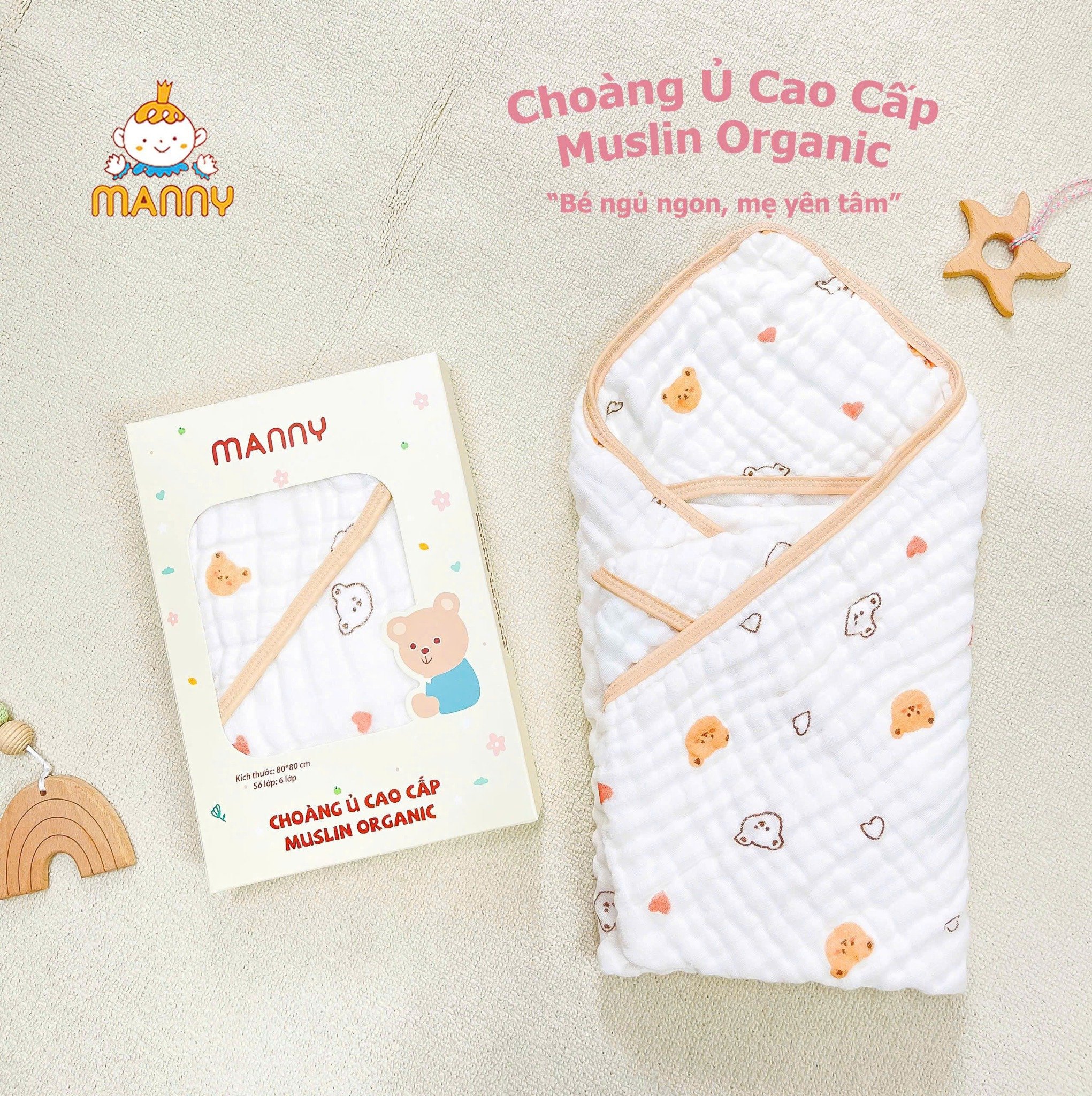 Khăn Choàng Ủ Manny Muslin 6 Lớp Organic