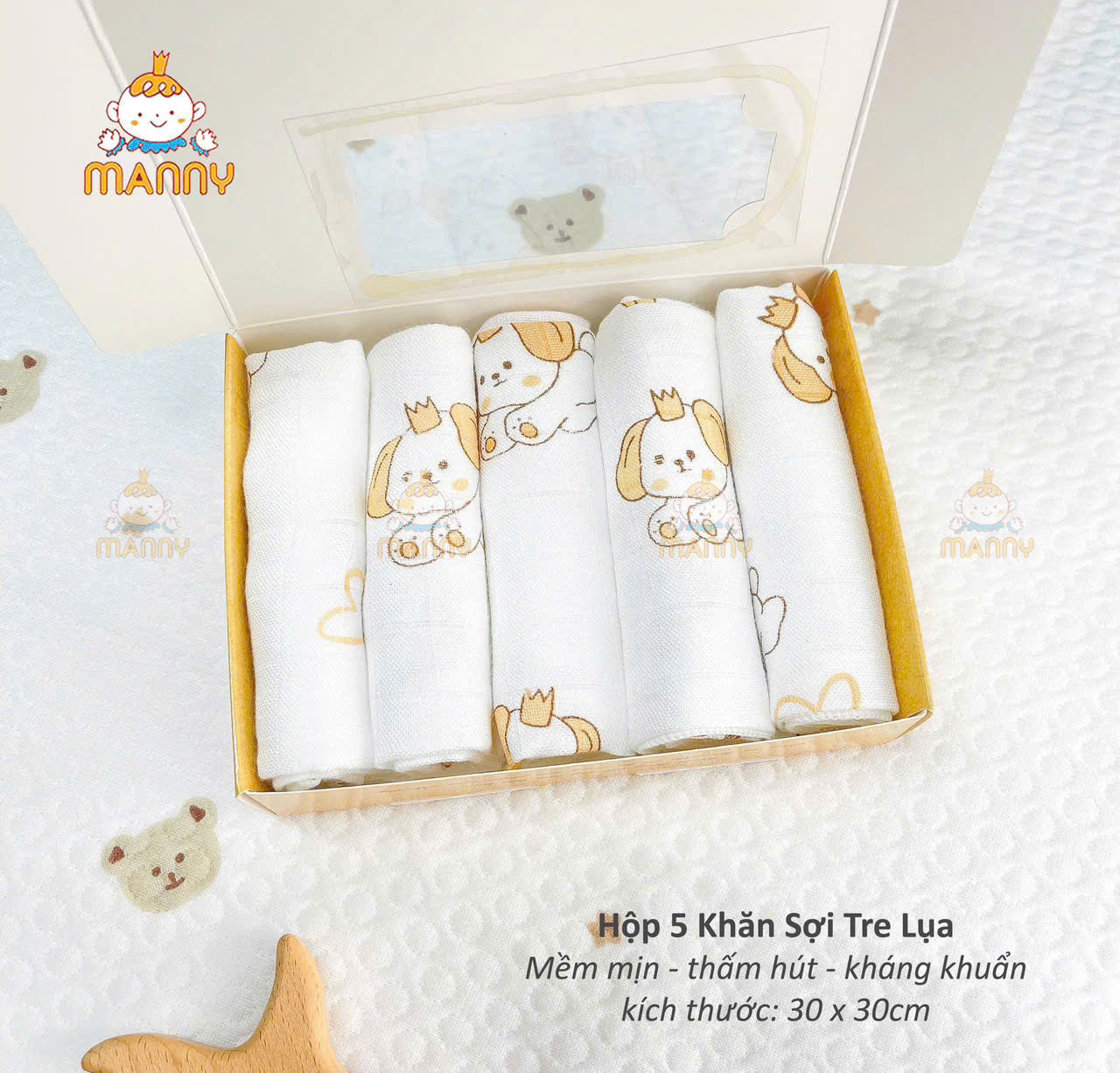 Khăn Sữa Tre Manny Hộp 5 Cái Họa Tiết
