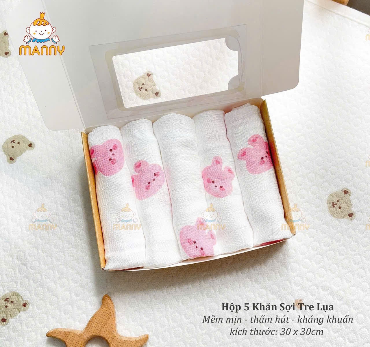 Khăn Sữa Tre Manny Hộp 5 Cái Họa Tiết