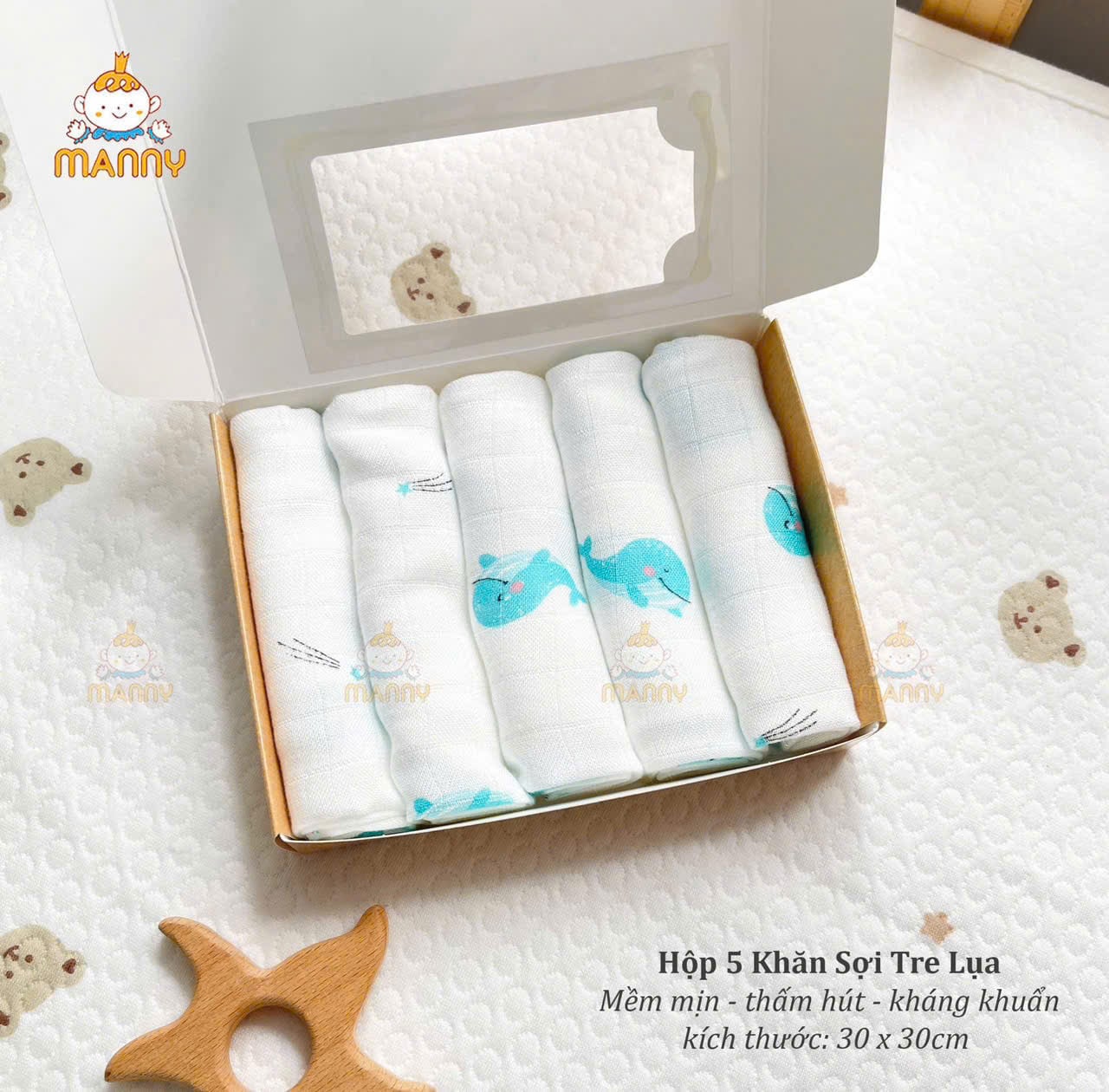 Khăn Sữa Tre Manny Hộp 5 Cái Họa Tiết