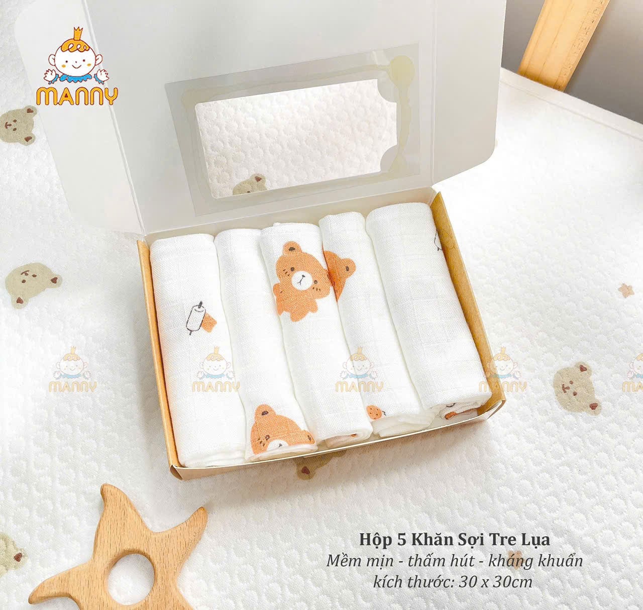 Khăn Sữa Tre Manny Hộp 5 Cái Họa Tiết