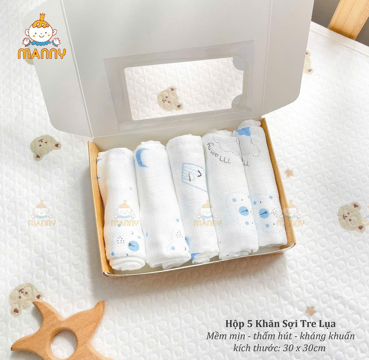 Khăn Sữa Tre Manny Hộp 5 Cái Họa Tiết