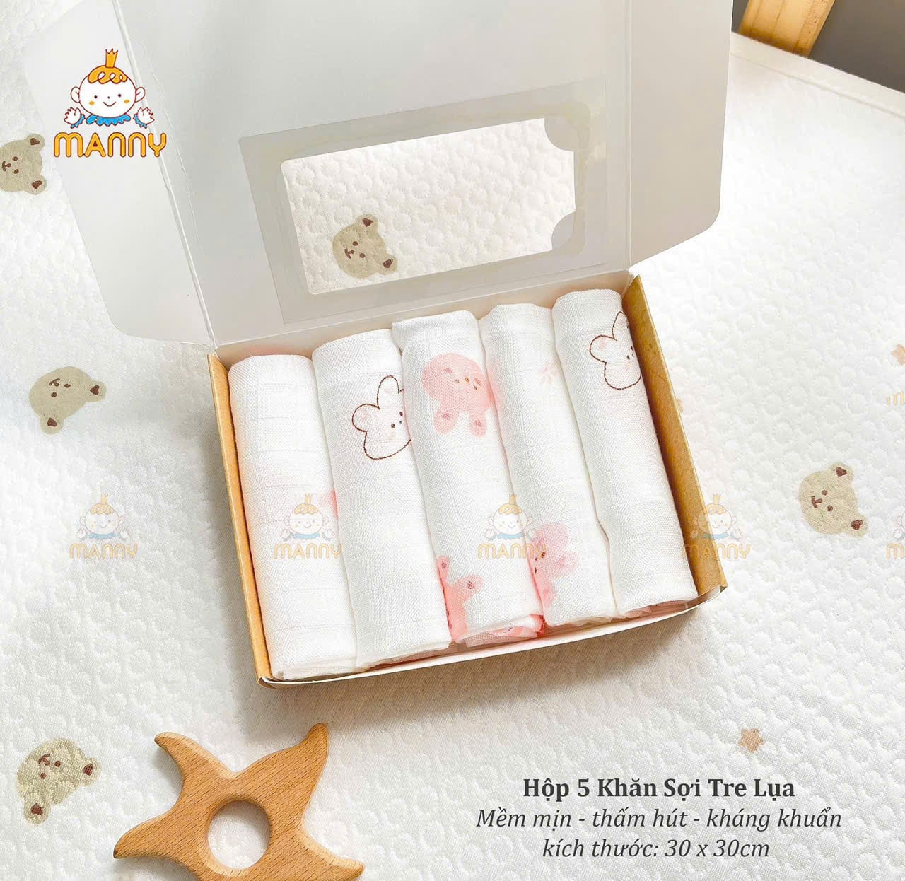 Khăn Sữa Tre Manny Hộp 5 Cái Họa Tiết