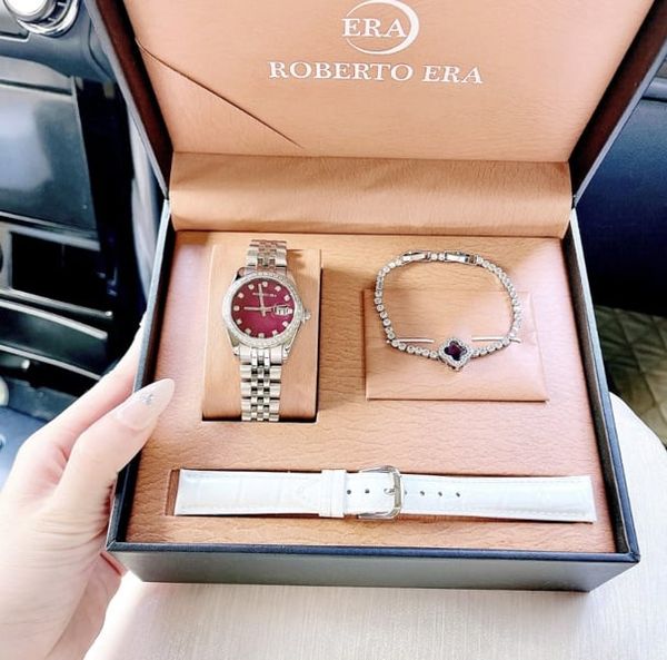 Set Đồng Hồ ROBERTO ERA Women’s Crystal Watch All Stainless Steel 31mm RE5651 + Lắc Tay