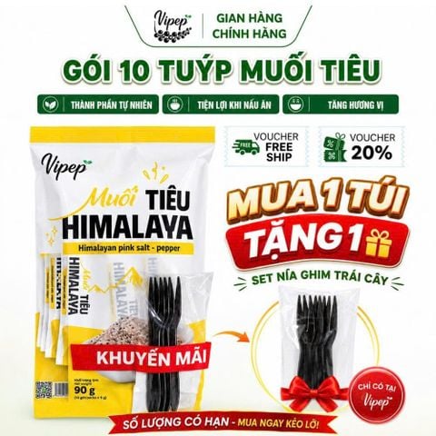 Muối Tiêu Himalaya Vipep 90g (10 Gói x 9g) | Muối Hồng Himalaya Tiêu Chấm Trái Cây Hải Sản Thịt Nướng Gia Vị Tiện Lợi