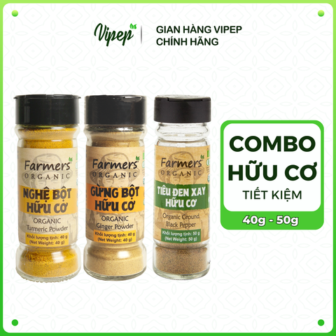 Combo Gia vị hữu cơ Vipep Farmer' Organic Nghệ bột 40g, Gừng bột 40g, Tiêu đen xay 50g